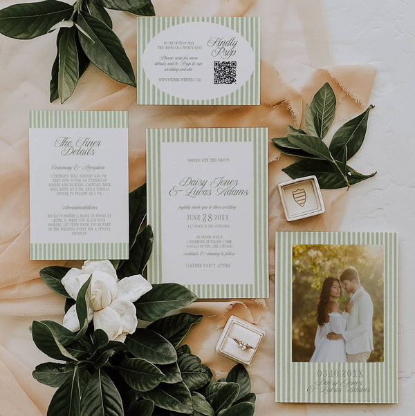 Daisy green striped wedding invitation suite flat lay with couple photo