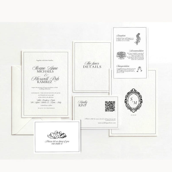 Sloane black and white old money wedding invitation suite