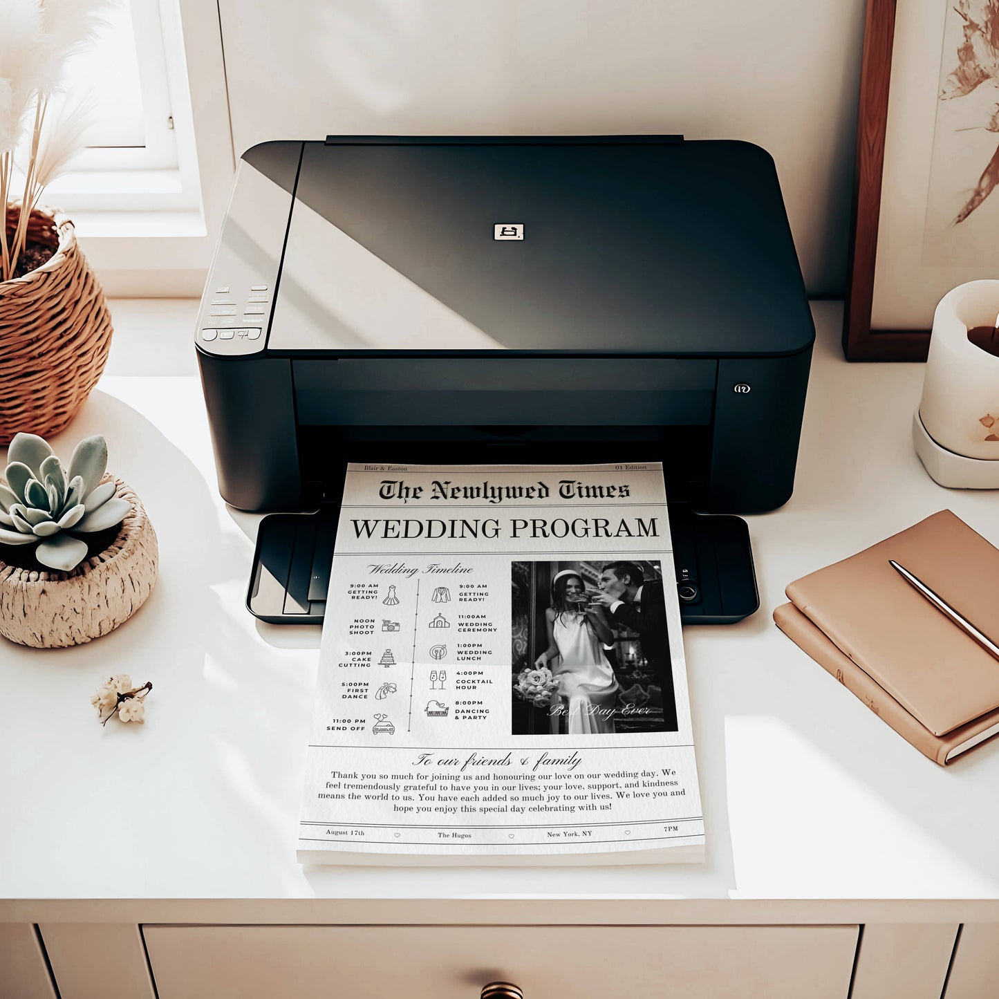 HP printer on a desk with a wedding program printed out