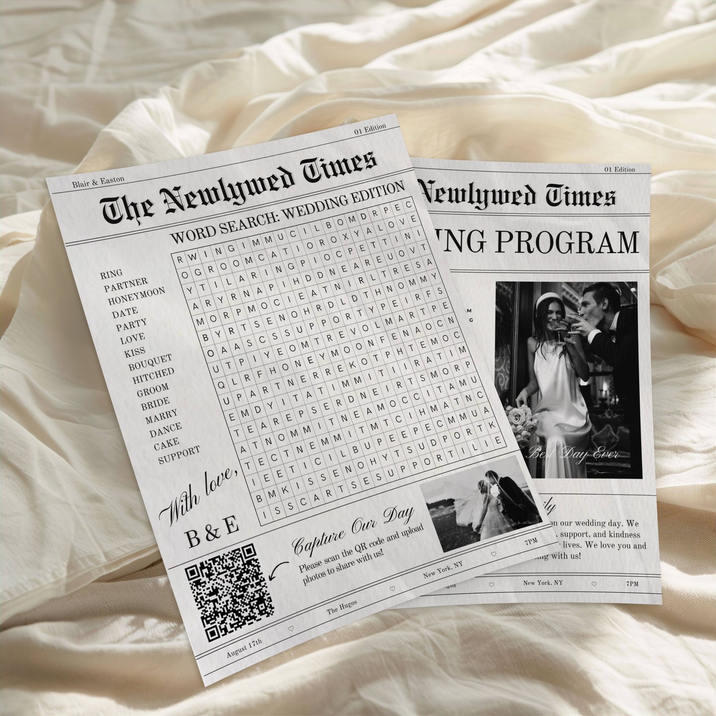 Wedding program with word search and photo of couple on a soft fabric background