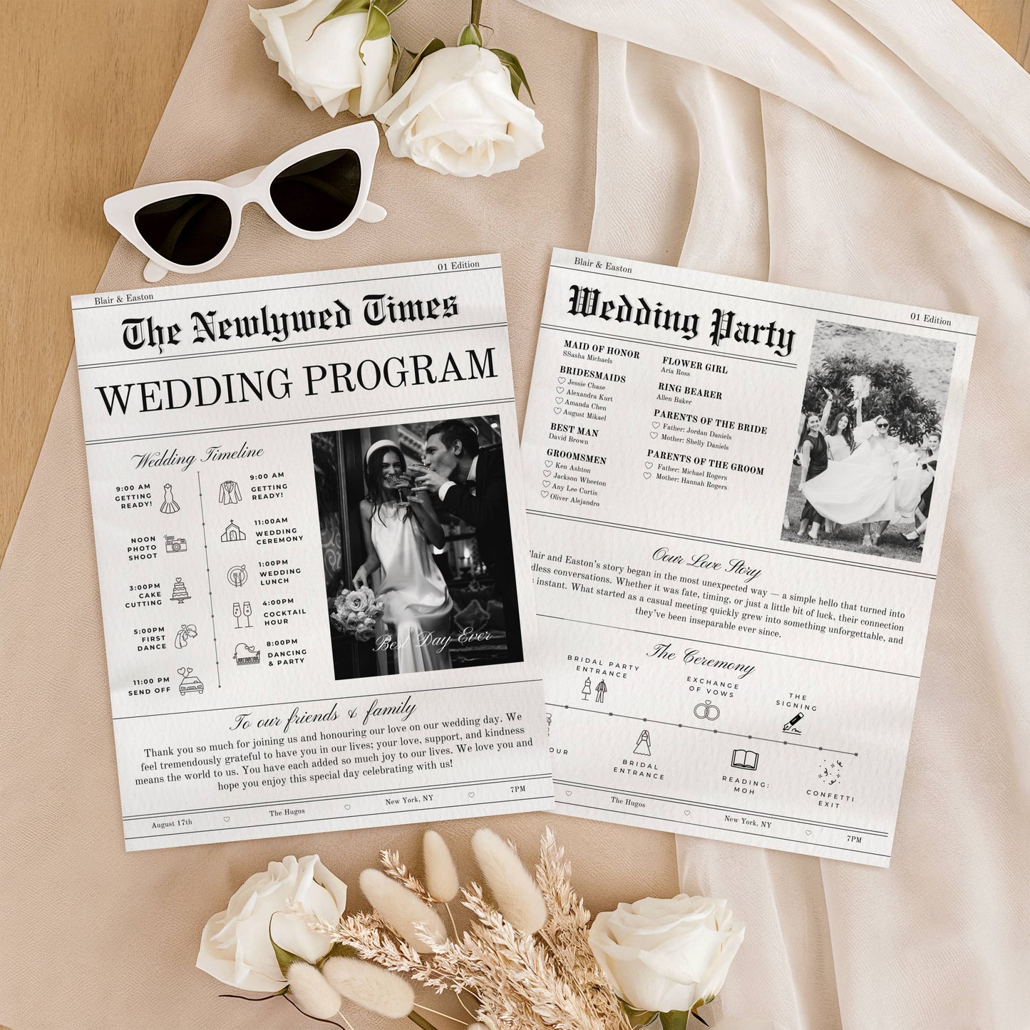 Wedding program and party information sheets with sunglasses and flowers on a beige fabric background