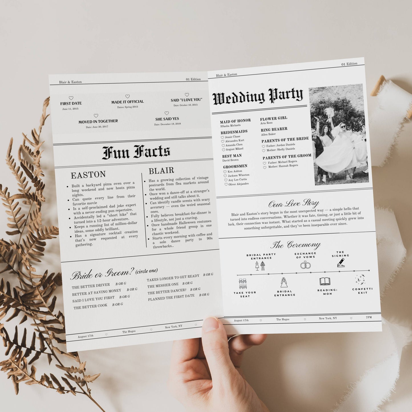 Wedding Newspaper Program Template – 8.5x11" & Folded 5.5x8.5"