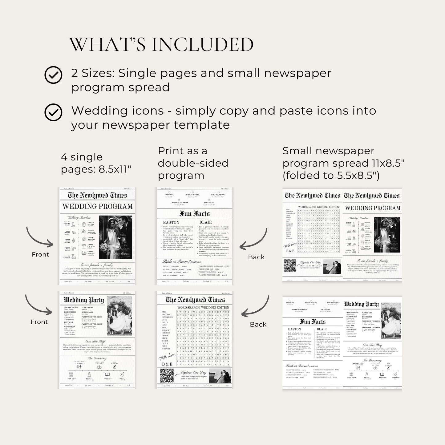 Newspaper-style wedding program template with icons for easy customization.