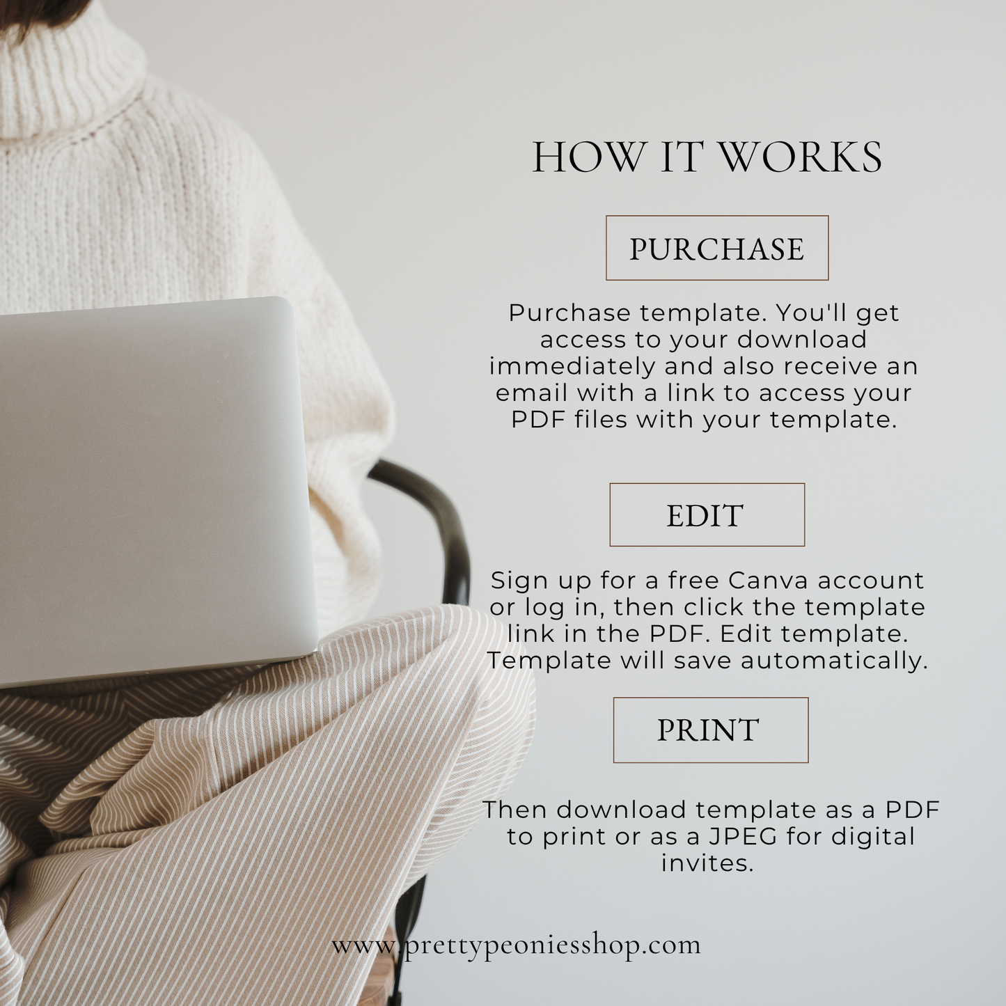 Person using a laptop with text on how to purchase, edit, and print a template from prettyponieshop.com