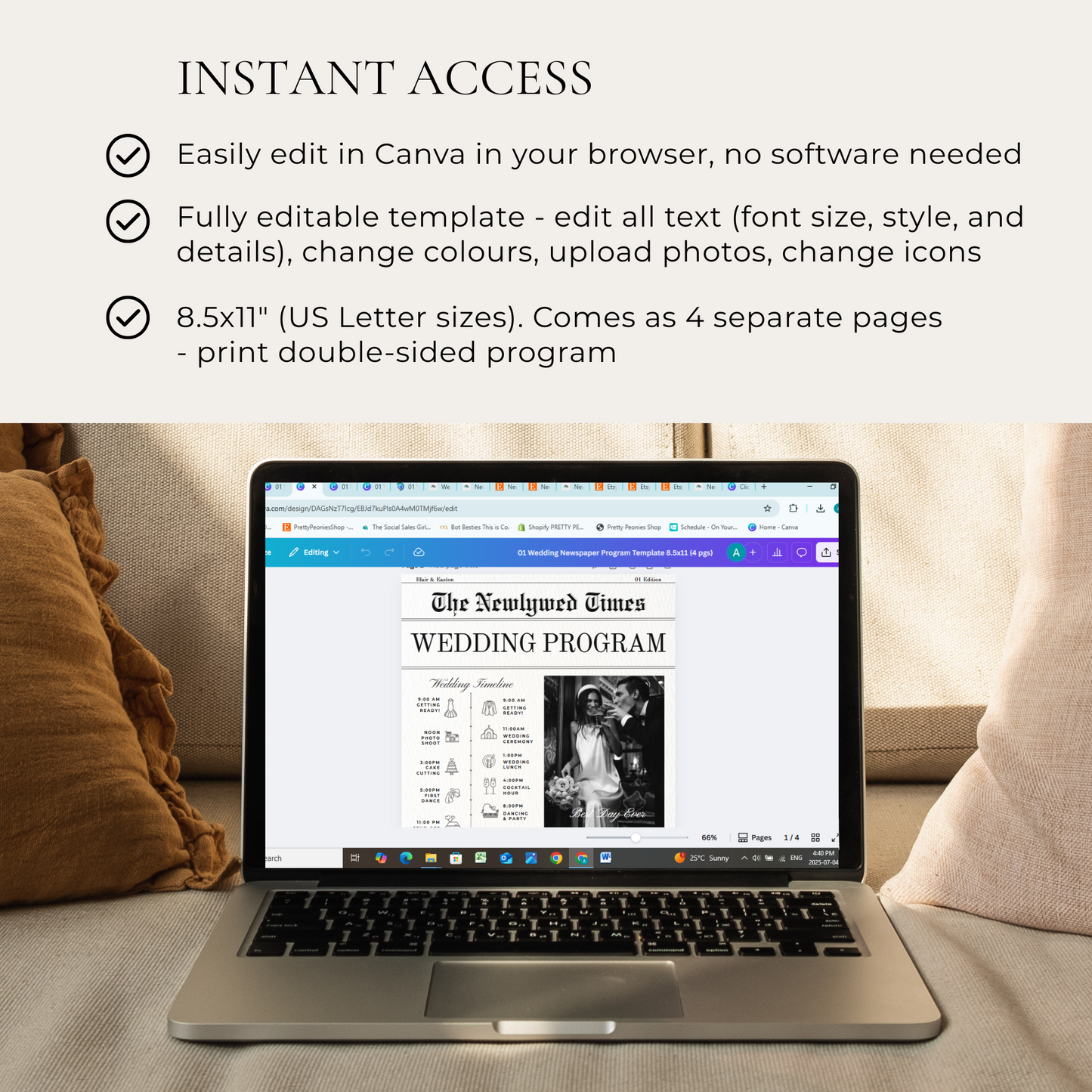 Laptop displaying a wedding program template on a couch with text about Canva editing capabilities.