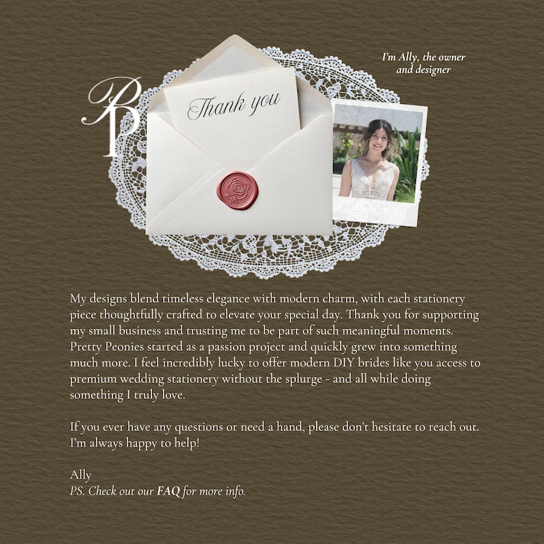Thank you note from Pretty Peonies Shop with red wax seal envelope