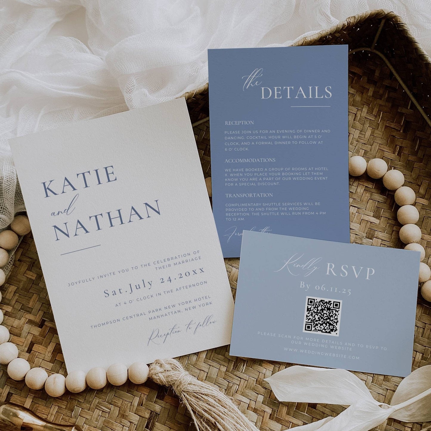 Dusty Blue Wedding Invites Suite Template - Katie