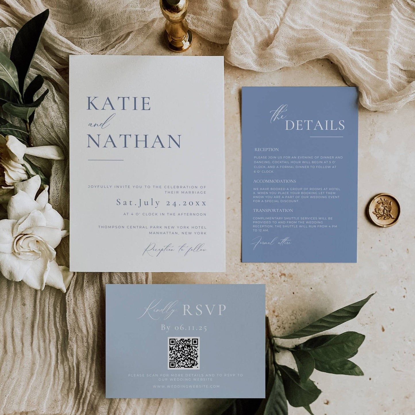 Dusty Blue Wedding Invites Suite Template - Katie