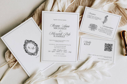 Elegant black and white wedding invitation suite flatlay - Pretty Peonies Shop