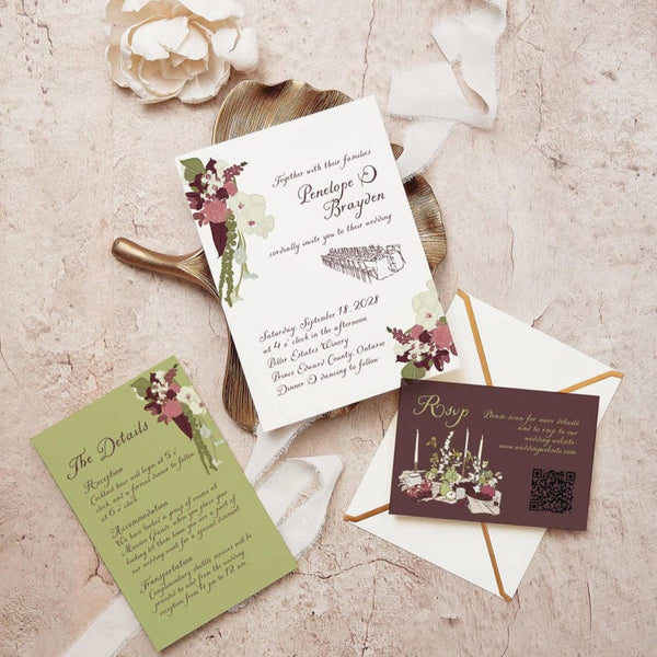 Penelope burgundy olive floral wedding invitation suite
