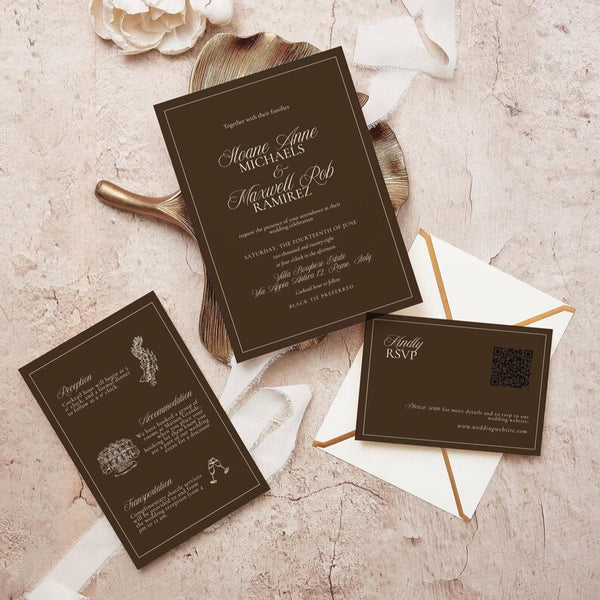 Espresso old money wedding invitation suite flat lay with gold leaf tray