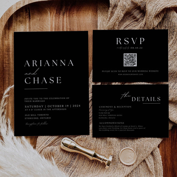 Arianna black wedding invitation suite
