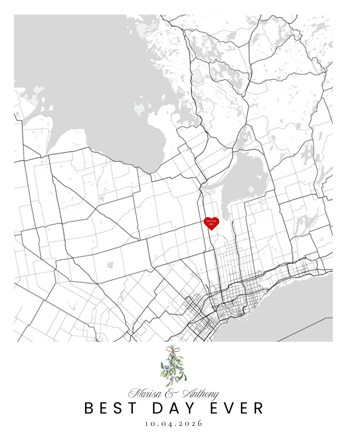 Holiday custom wedding map print with mistletoe, Best Day Ever