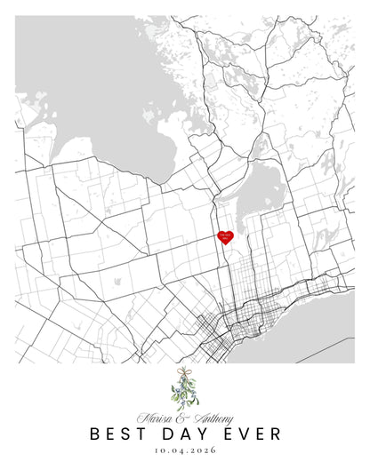 Holiday custom wedding map print with mistletoe, Best Day Ever
