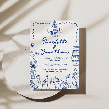 Navy Blue Hand Drawn Wedding Invitation Suite Template - Charlotte