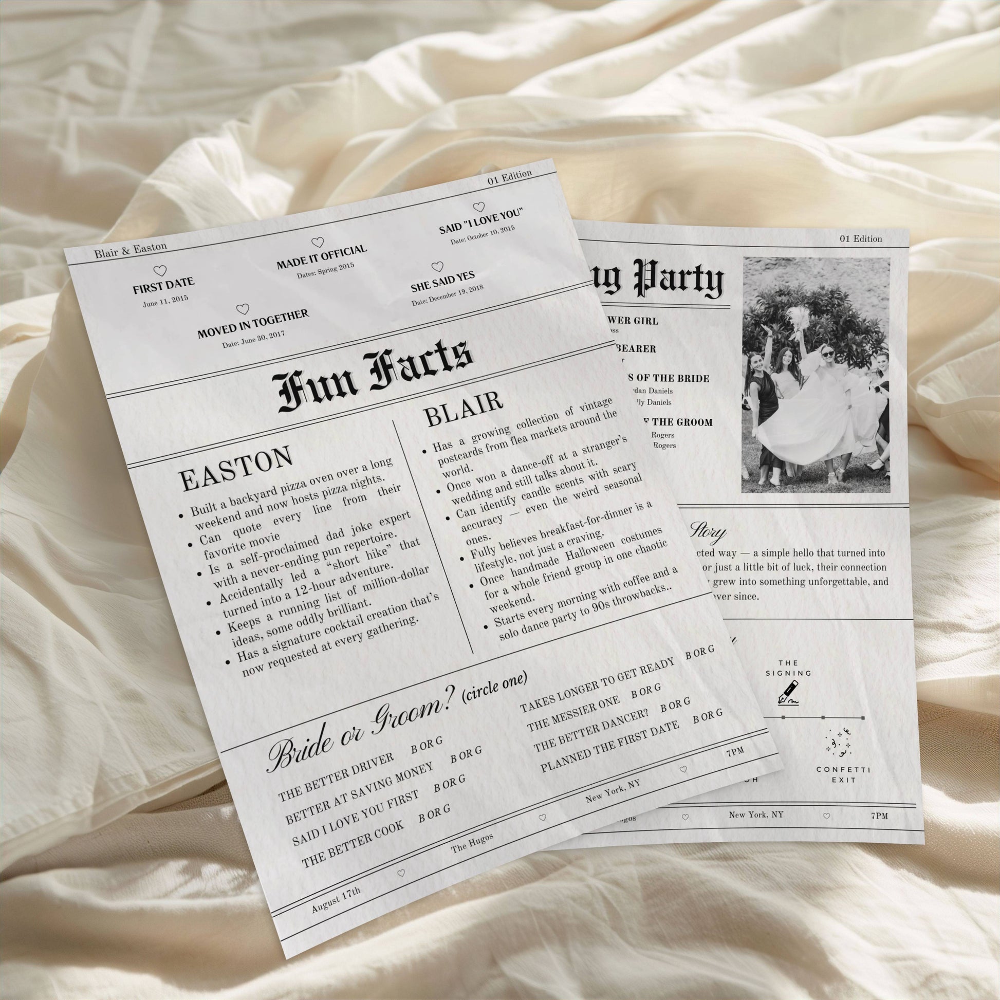 Wedding program on a wooden plate with flowers and a blanket