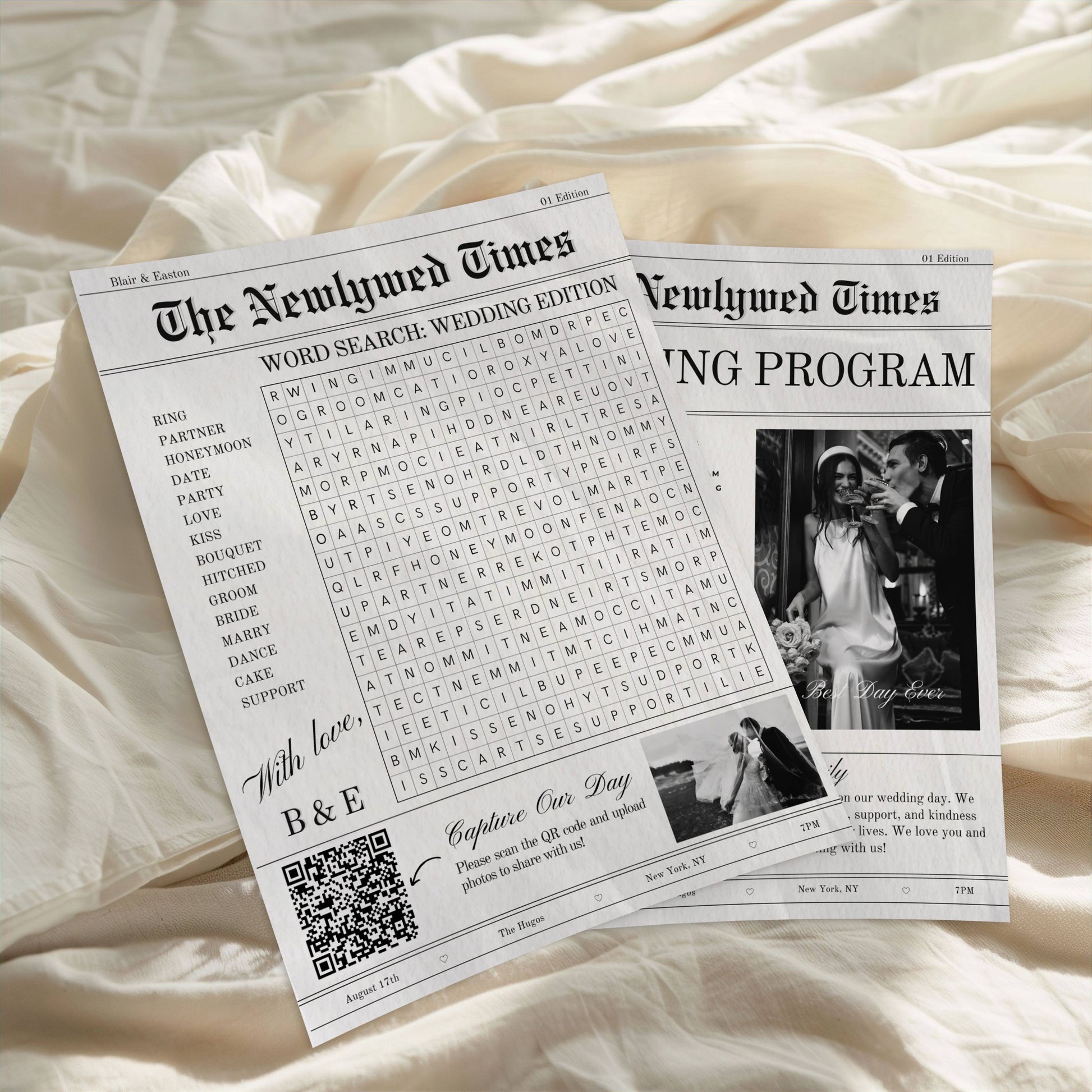 Wedding program with word search and photo of couple on a soft fabric background
