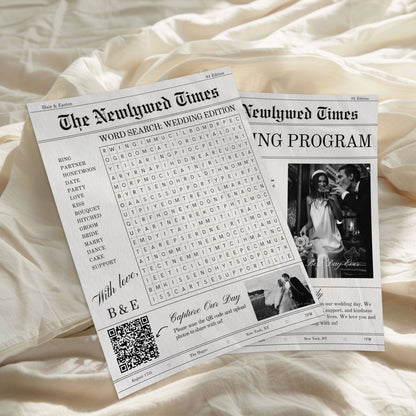 Wedding program with word search and photo of couple on a soft fabric background