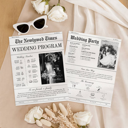 Wedding program and party information sheets with sunglasses and flowers on a beige fabric background