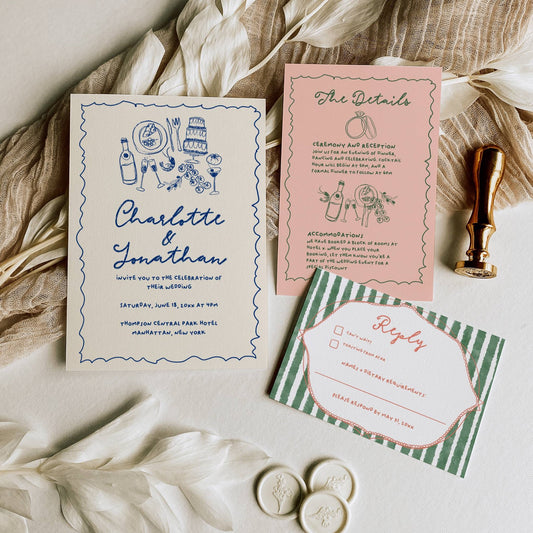 Modern Striped Hand Drawn Invitation Suite Template - Charlotte