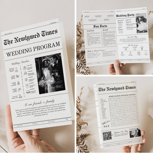 Newspaper-style wedding program with black and white design