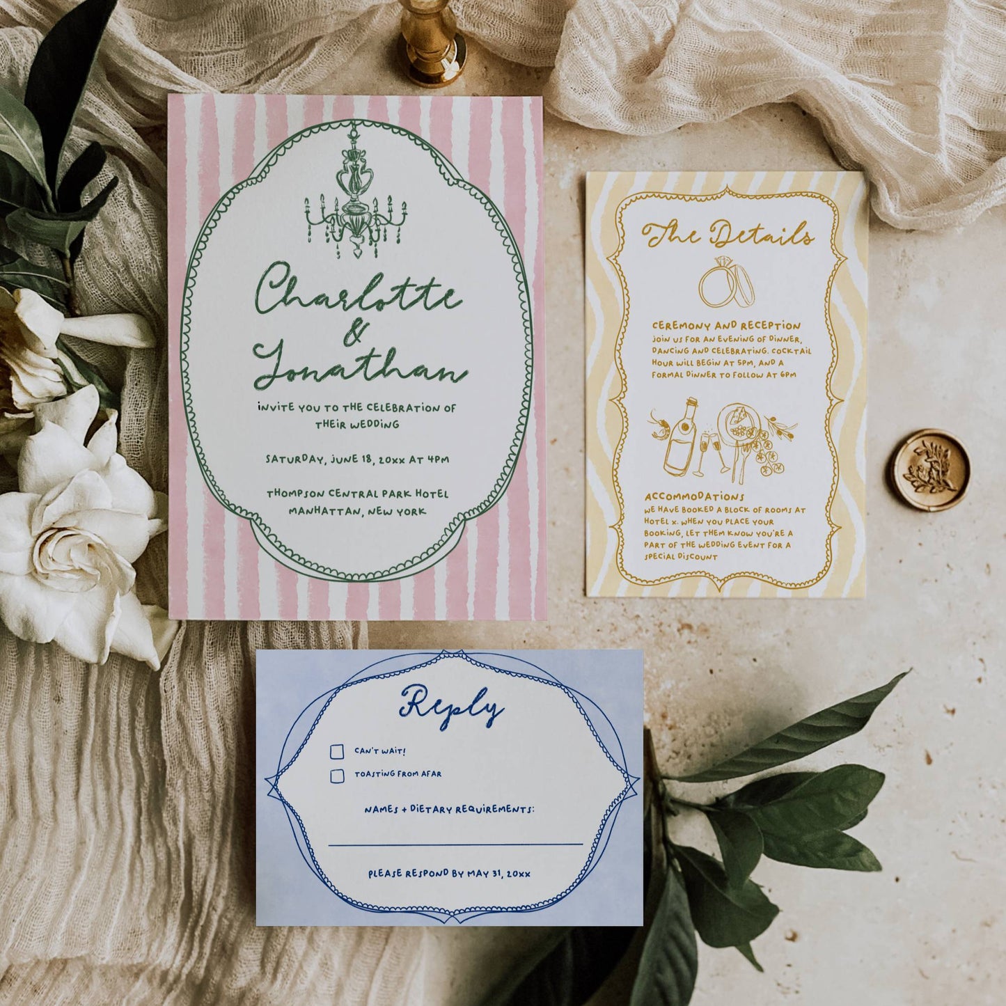 Retro Hand Drawn Wedding Invitation Suite Template - Charlotte