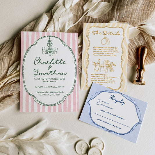 Retro Hand Drawn Wedding Invitation Suite Template - Charlotte