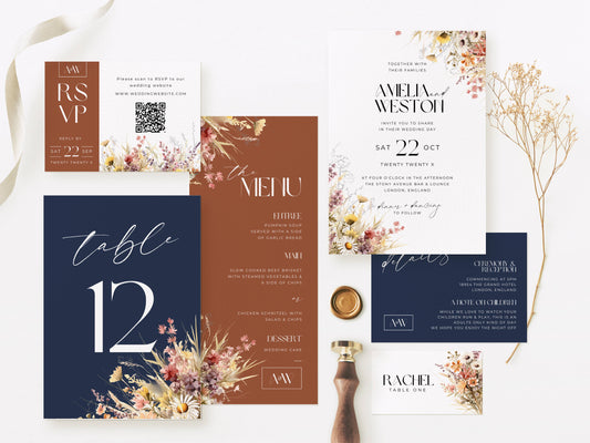 Small Burnt Orange and Navy Wildflower Wedding Stationery & Reception Bundle - Amelia