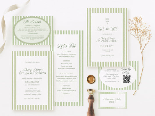 Essential Sage Green Striped Wedding Stationery & Reception Template Bundle - Daisy