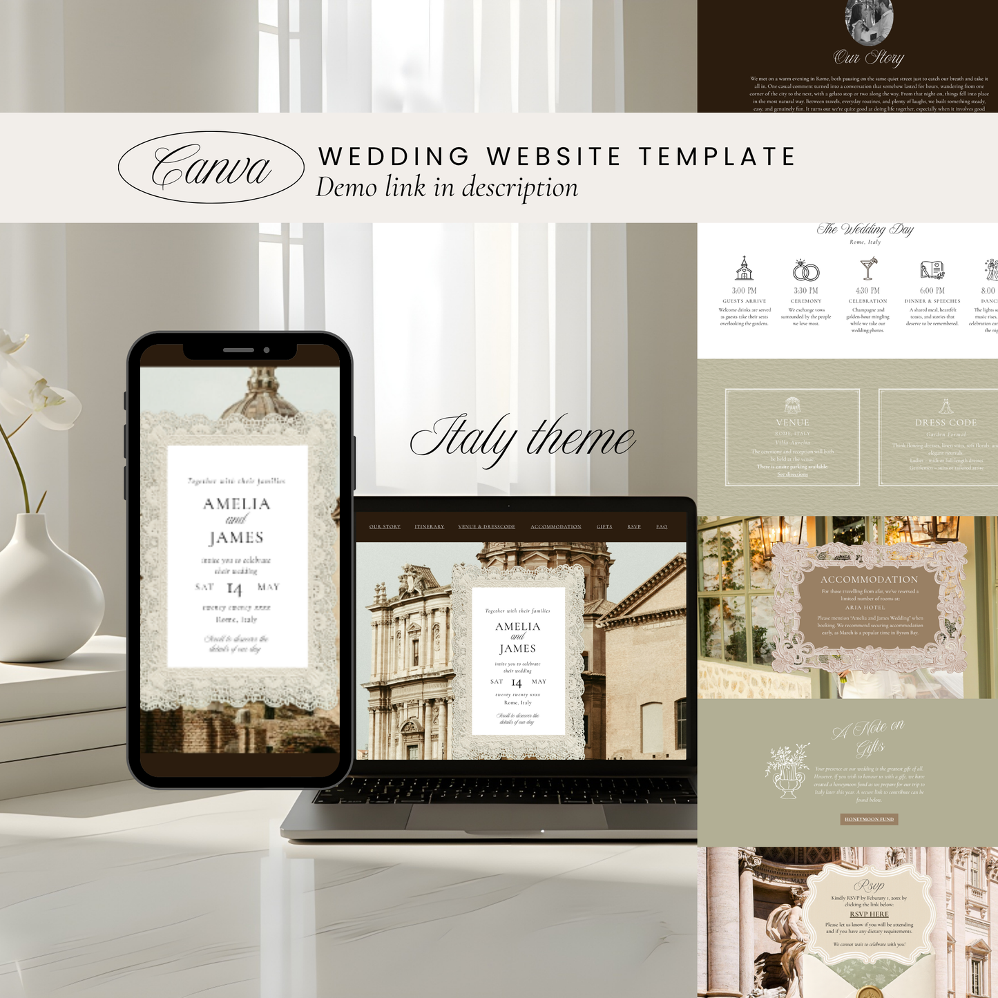 Wedding Website Template Canva | Elegant Italy Destination Theme - Amelia