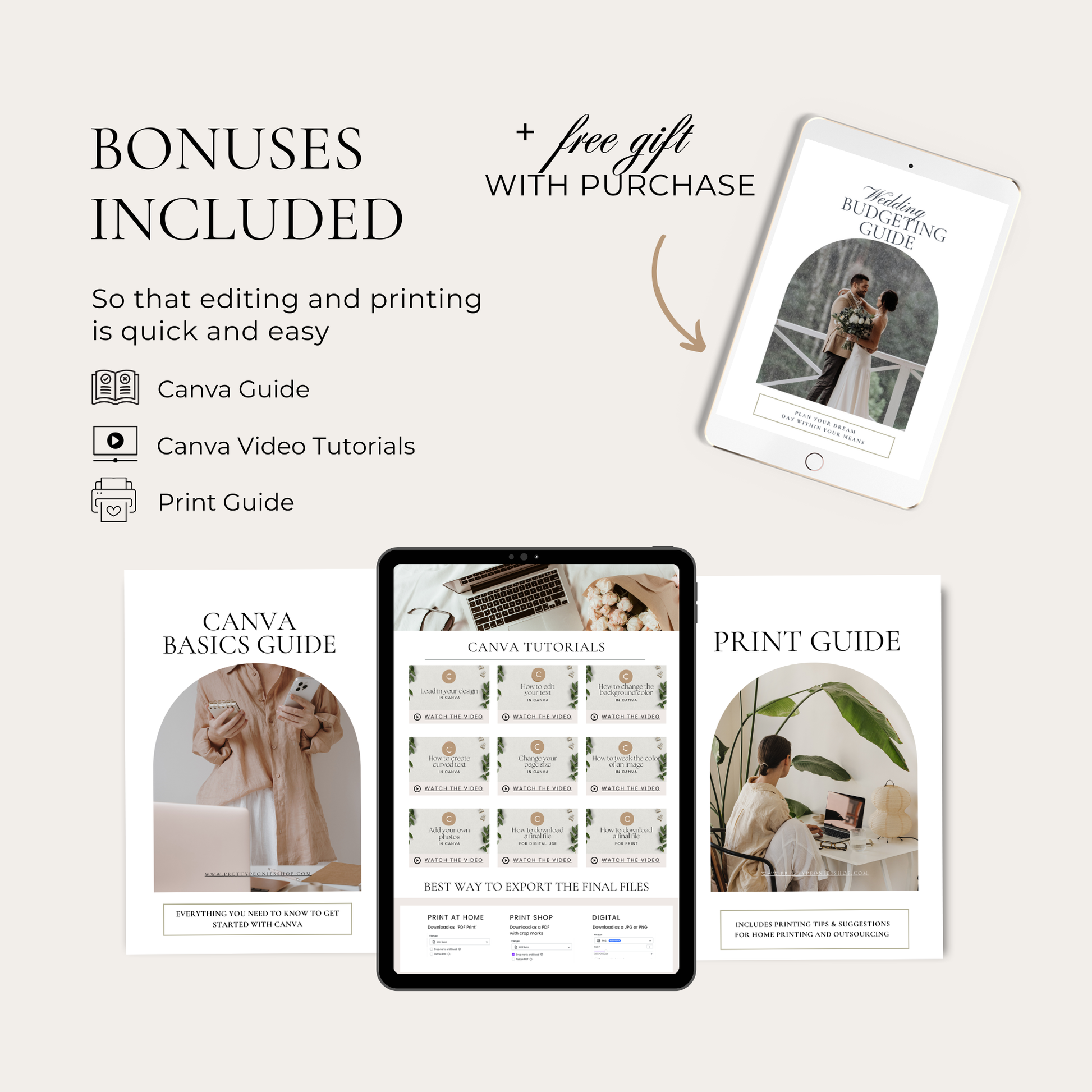 Promotional graphic for Canva bonuses including guides and a free gift with purchase.
