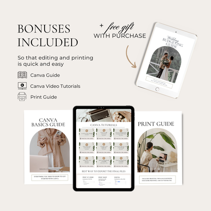 Promotional graphic for Canva bonuses including guides and a free gift with purchase.