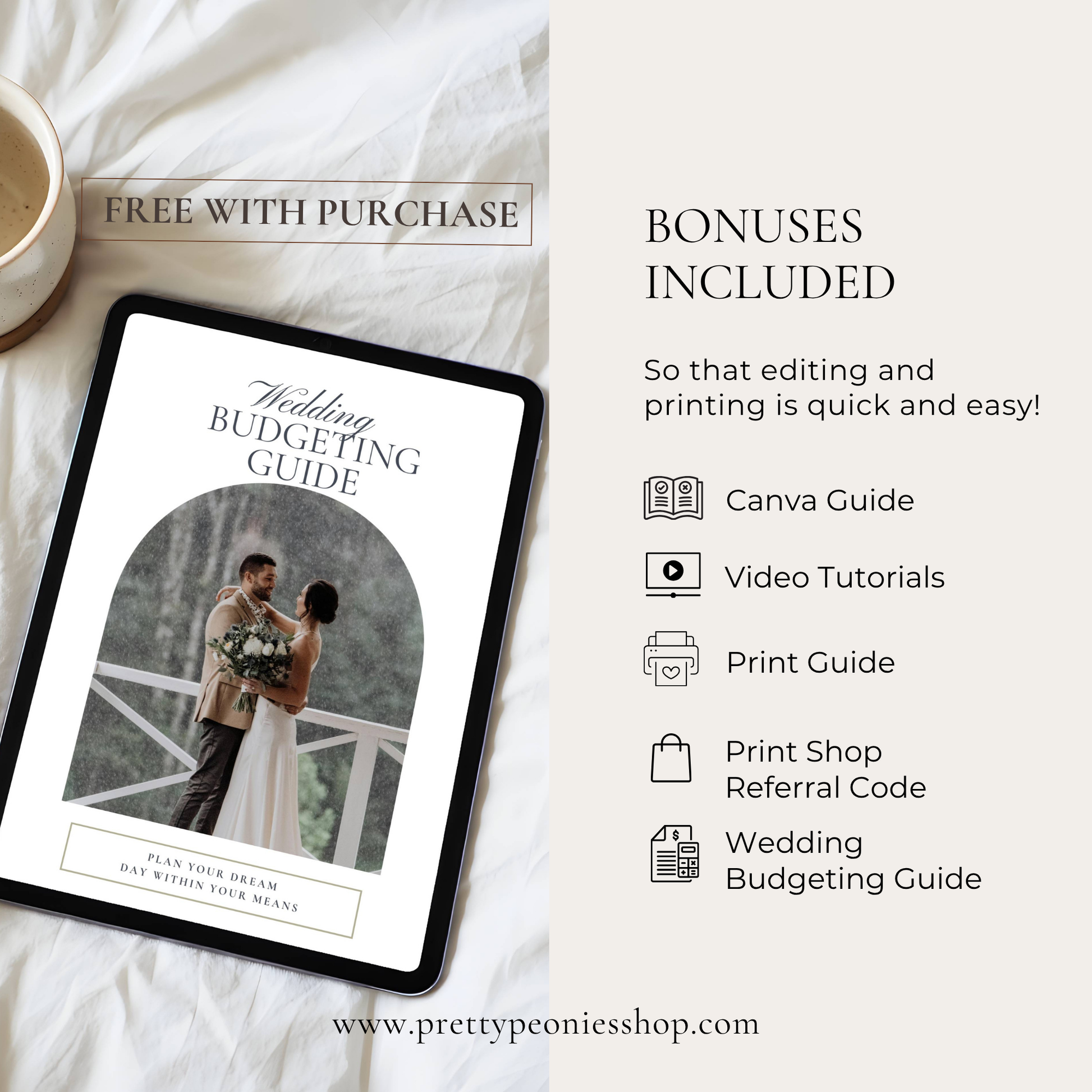 Wedding Budgeting Guide on a tablet with promotional text about bonuses included.