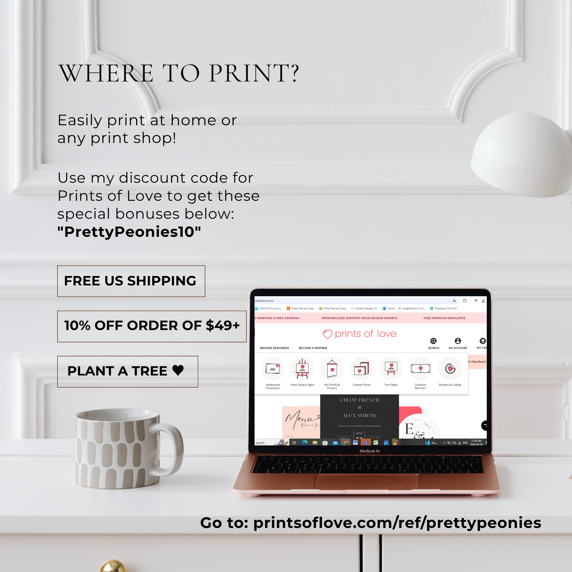 Laptop on a desk with a website displayed, promotional text overlay, and a cup on a white surface.