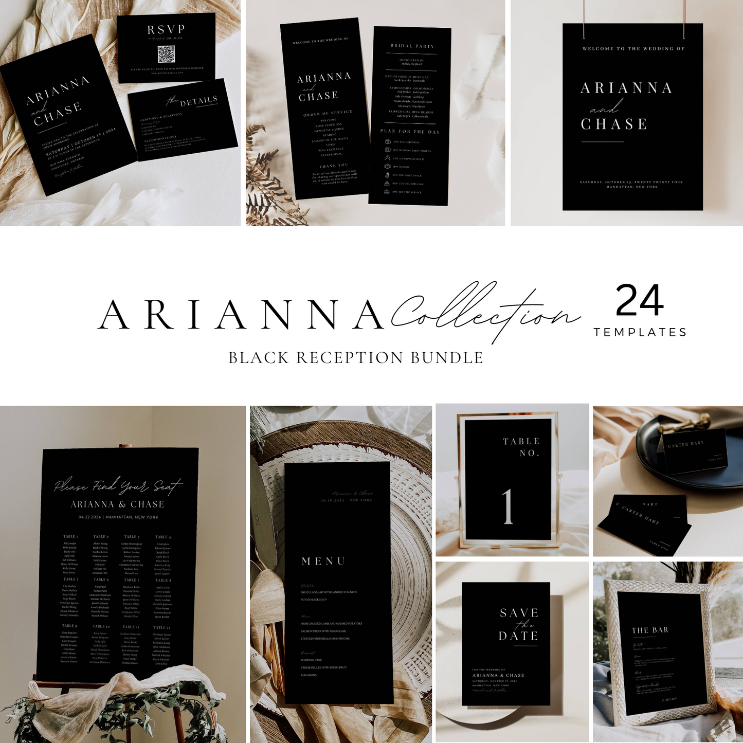 Ultimate Black Wedding Stationery & Reception Signage Bundle - Arianna