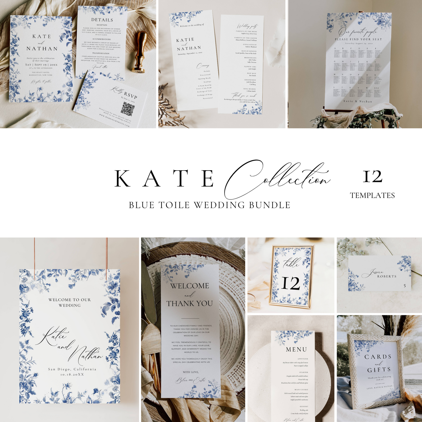 Large French Blue Toile Wedding Stationery & Reception Bundle - Kate