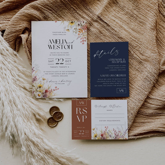 Terracotta & Navy Wildflower Wedding Invitation Suite Template -Amelia