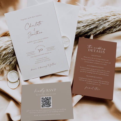 Boho Terracotta Wedding Invitation Suite Template - Charlotte