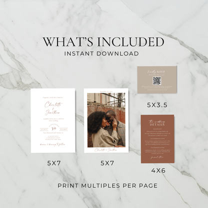 Boho Terracotta Wedding Invitation Suite Template - Charlotte