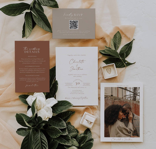 Boho Terracotta Wedding Invitation Suite Template - Charlotte