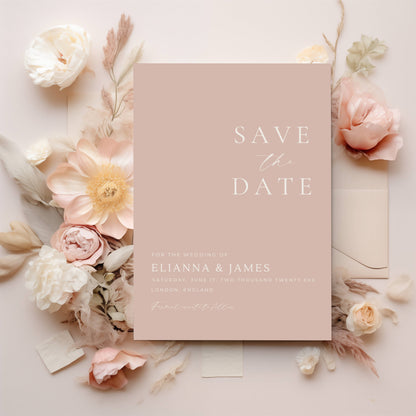Save the Date card with floral arrangement on a light background