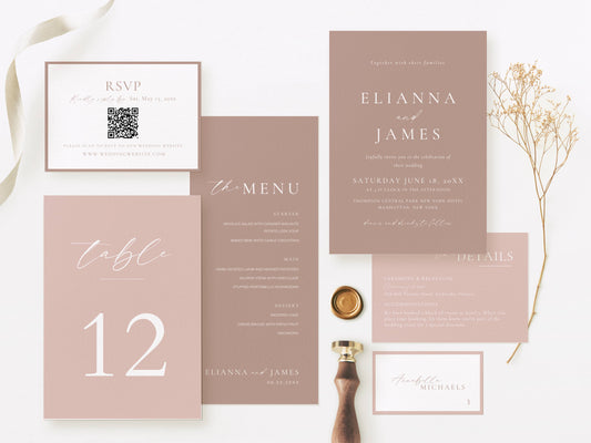 Essential Blush Pink Wedding Stationery & Reception Template Bundle - Blush Elianna