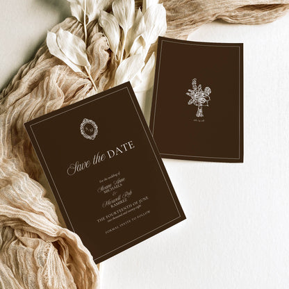 Two 'Save the Date' cards with decorative elements on a light background