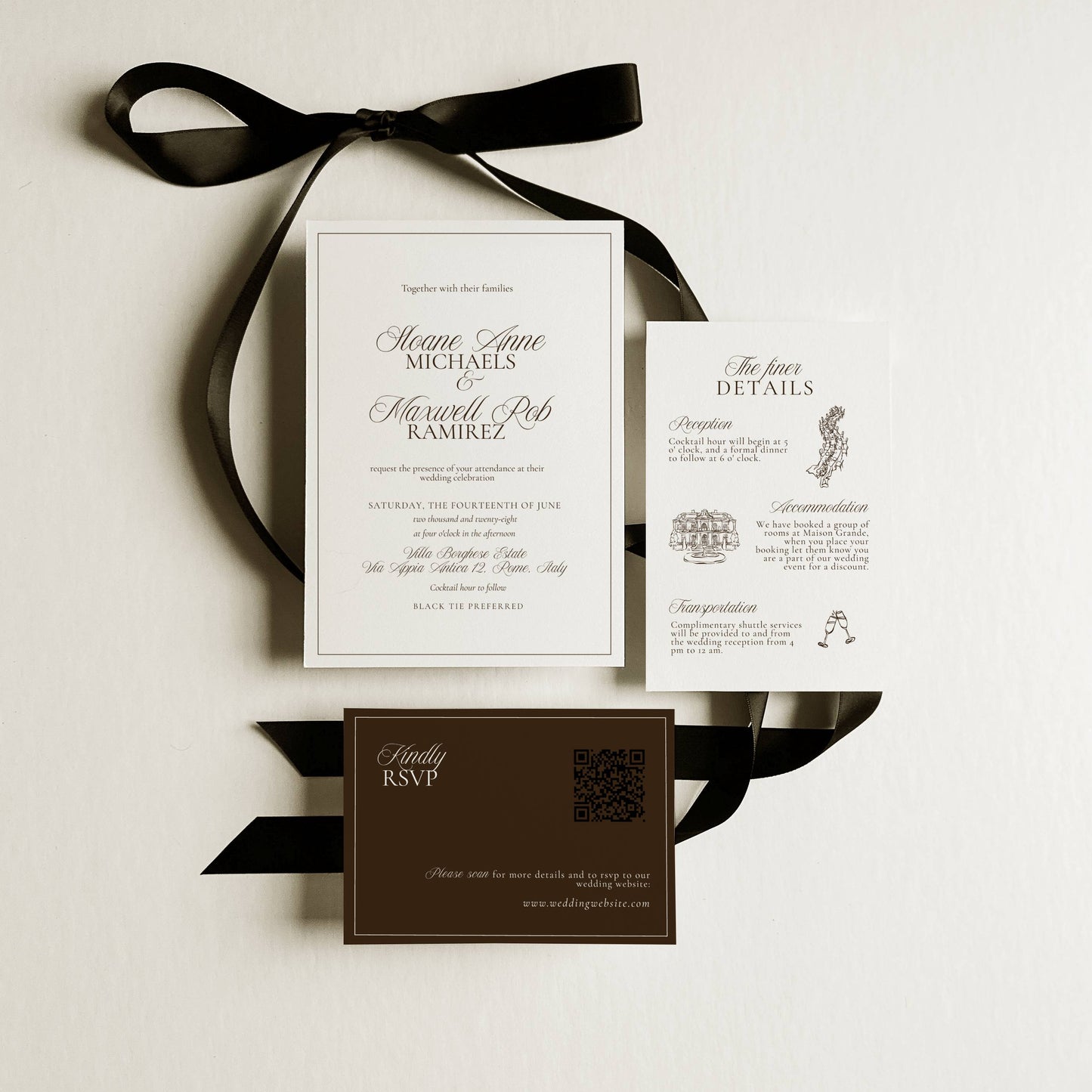 Wedding invitation set with black ribbon on a light background
