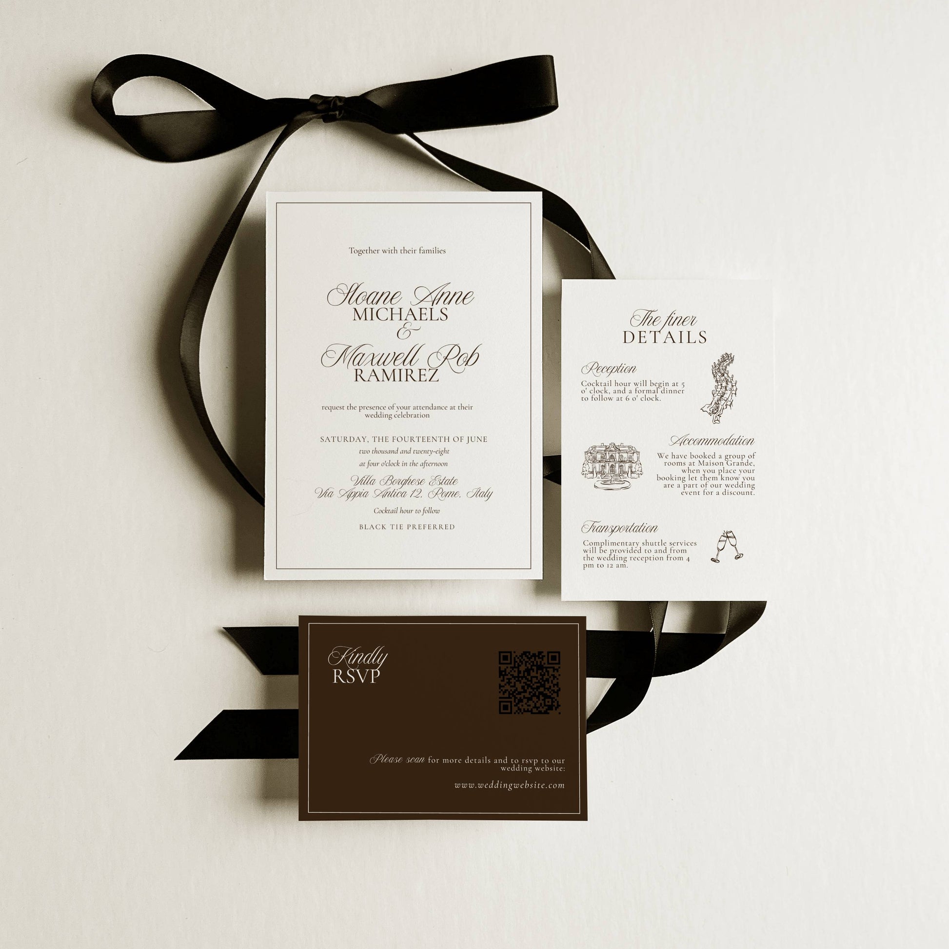 Wedding invitation set with black ribbon on a light background