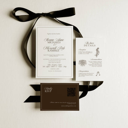 Wedding invitation set with black ribbon on a light background