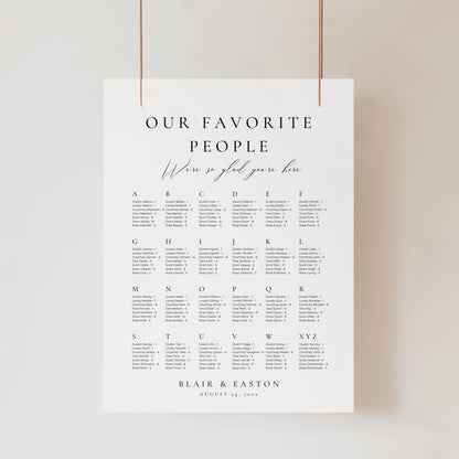Alphabetical Wedding Seating Chart Template - Blair