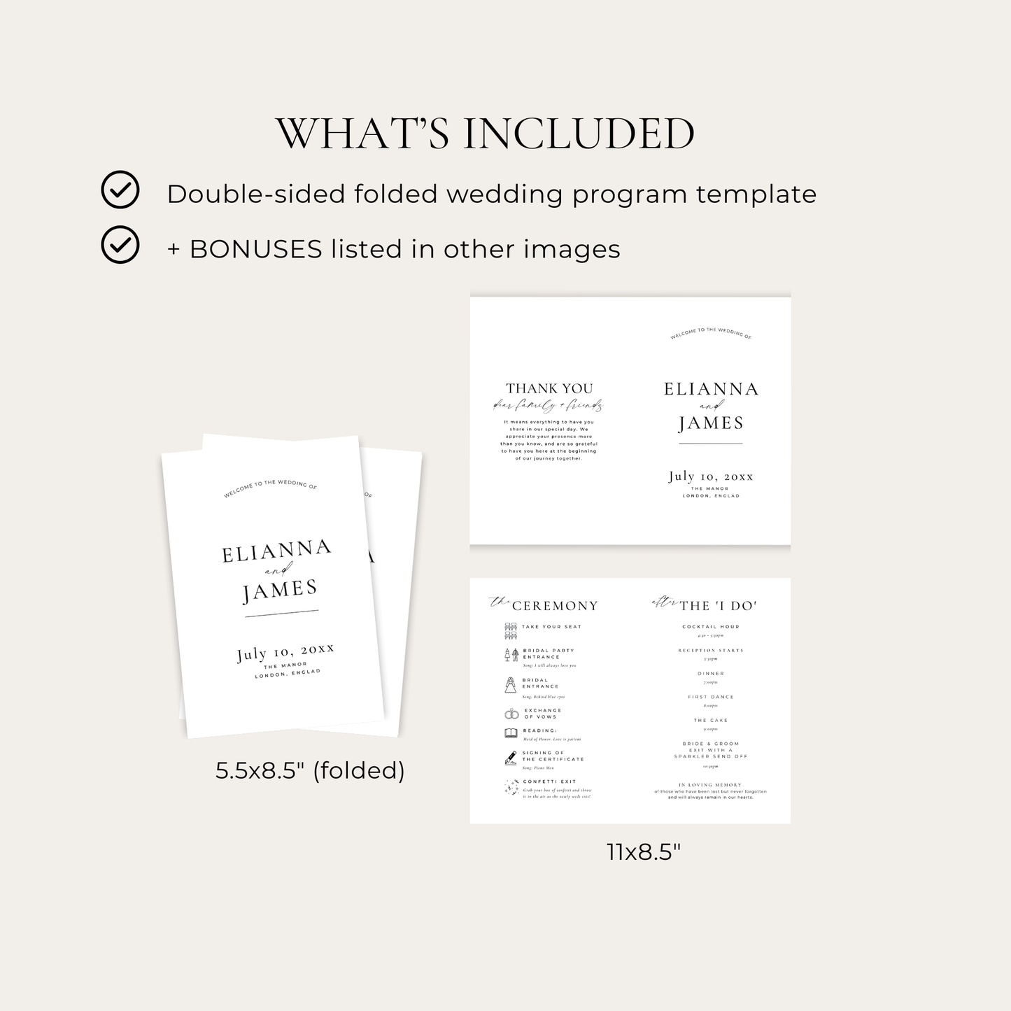 Modern Wedding Program Template Bi Fold 11x8.5"- Elianna
