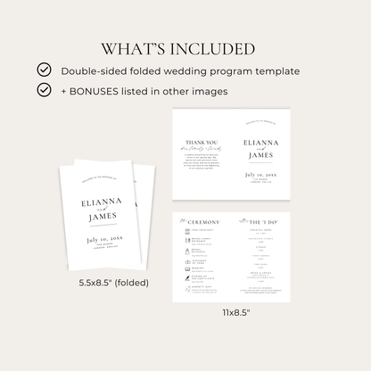 Modern Wedding Program Template Bi Fold 11x8.5"- Elianna