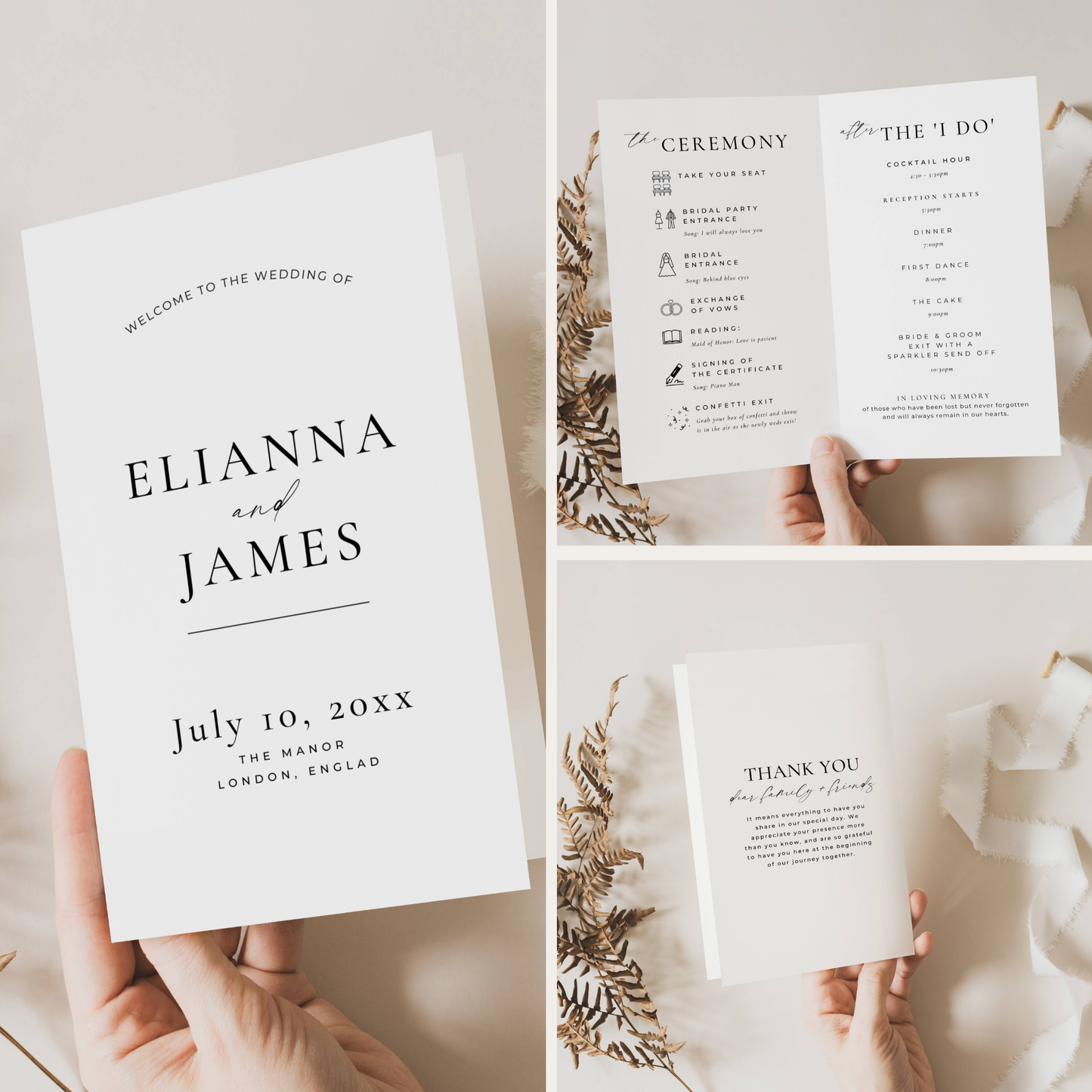 Set of wedding invitation cards with text and design elements.